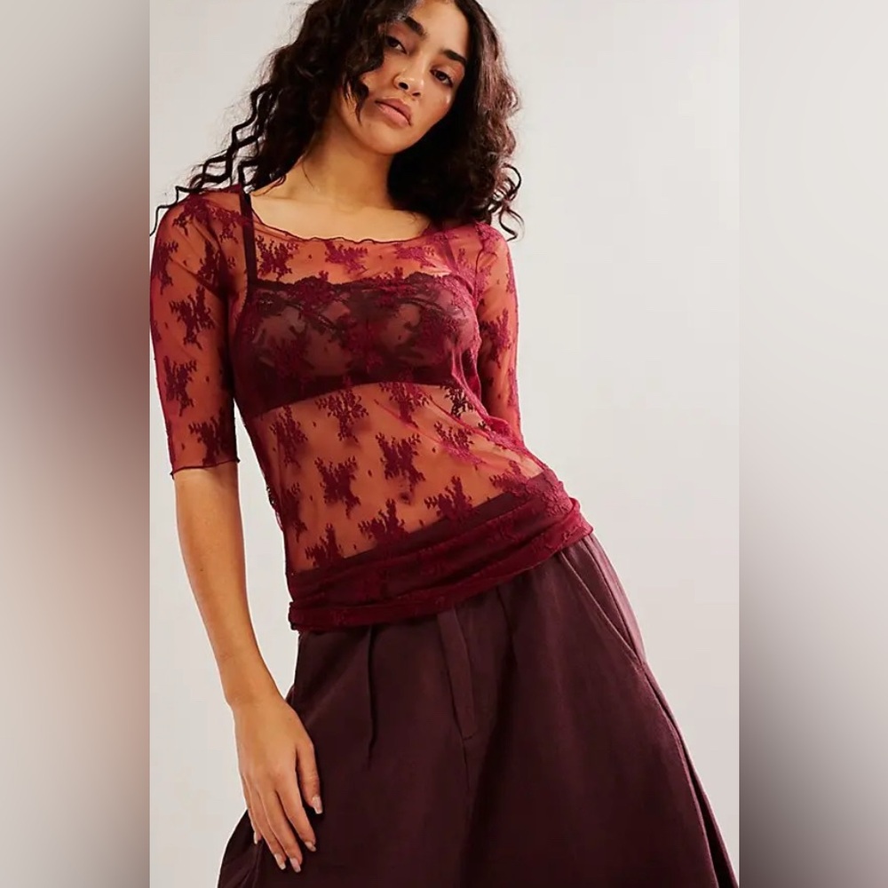 Free People Burgundy Lace Top